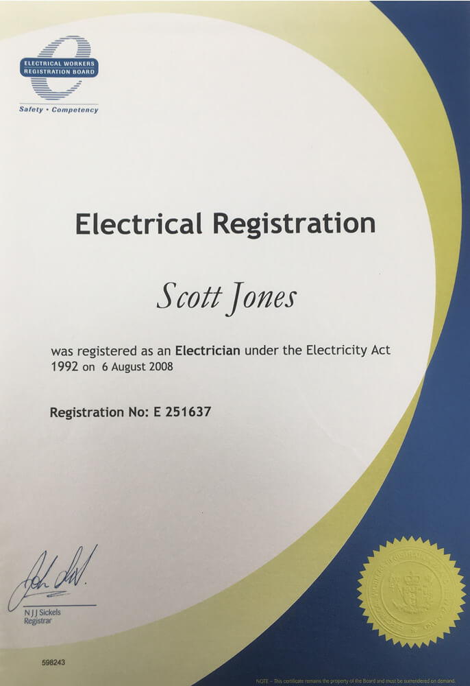 Electrical Registation Certificate Of Jones Electrical Services In Marlborough NZ