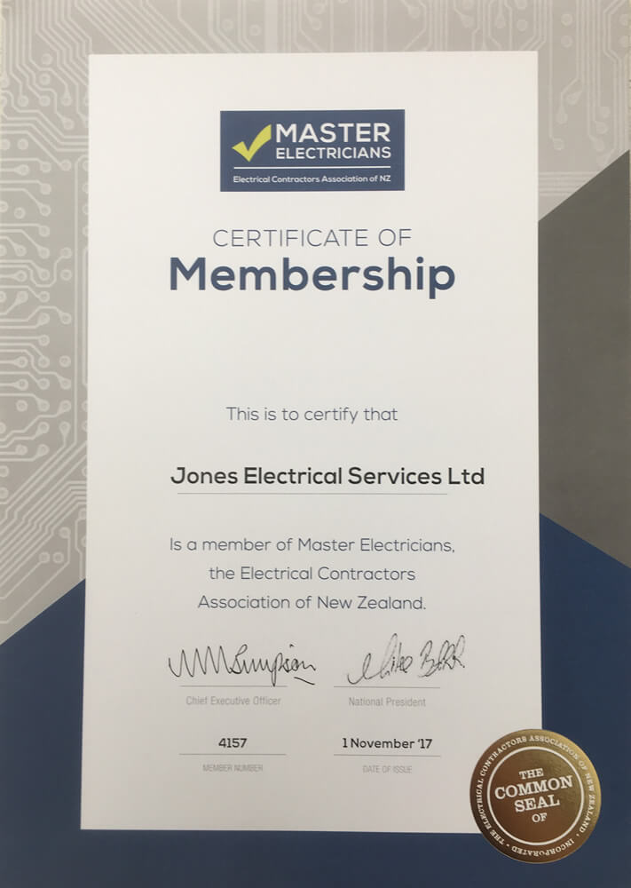 Master Electricians Membership Certificate Of Jones Electrical Services In Marlborough NZ