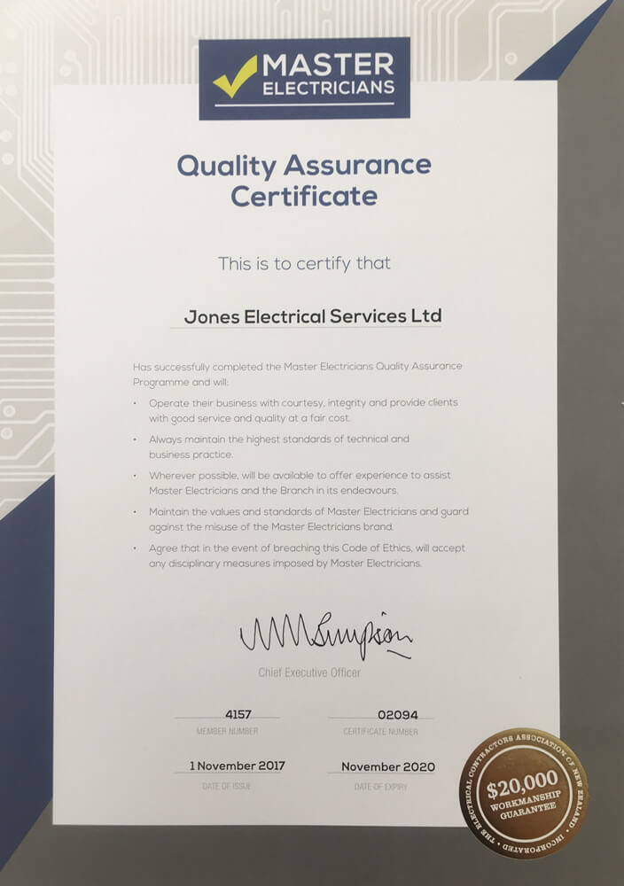 Master Electricians Quality Assurance Certificate Of Jones Electrical Services In Marlborough NZ